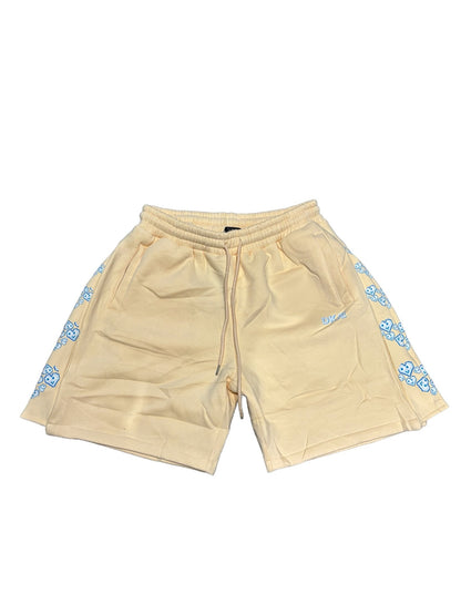 BEIGE SHORTS BLUE HEART LOGO ZIPED